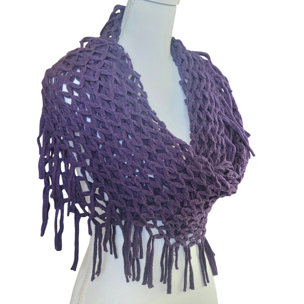 Steve Madden Witchy Whimsical Goth Purple Open Knit Crochet Fringe Shawl Scarf - Picture 9 of 11